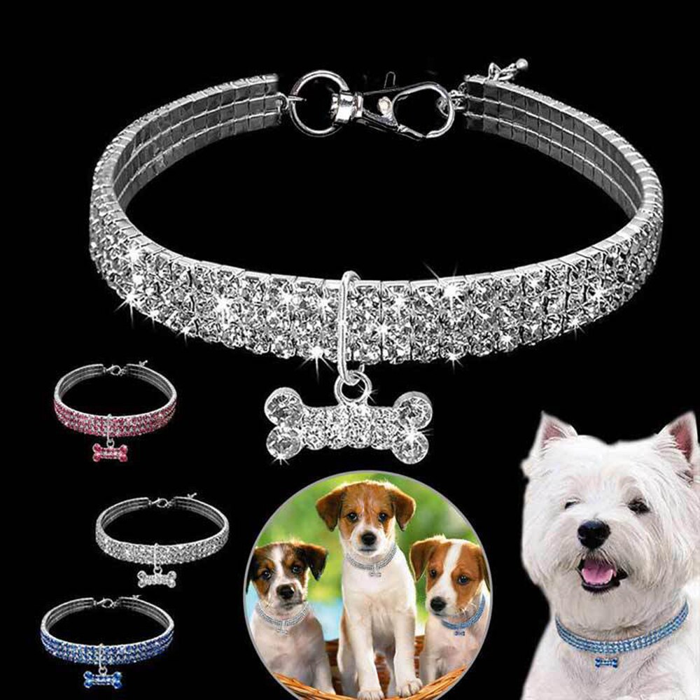 3 rijen diamanten hondenhalsband met juwelen en een hanger van bot, strass-kristalband, puppyhondenhalsband van leer