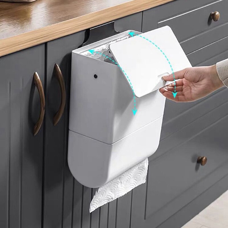 Wall Mounted Trash Can with Tissue Box for Kitchen Household Cabinet Door Waste Bin with Lid Kitchen Garbage Bin