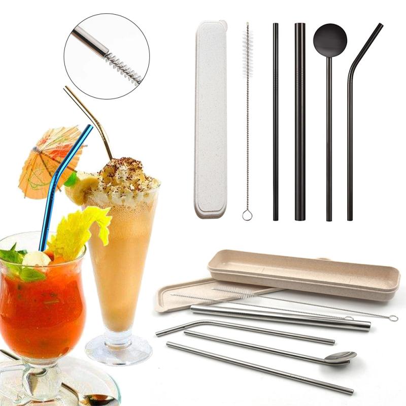 4 Pcs Metal Straw Reusable Stainless Steel Straw Set With Travel Box Cleaning Brush Drink Fruit Juice Wine Milk Tea