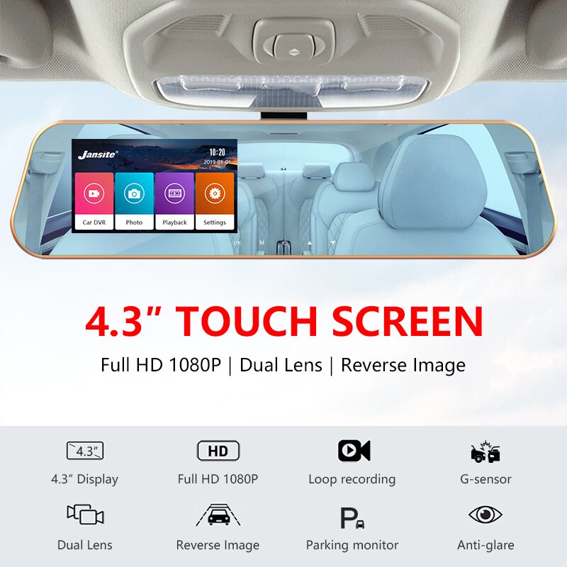 Jansite 4.3 inch Touch Screen 1080P Car DVR Mirror Dash Cam Car Camera Recorder Rear View Mirror Registrar Night Vision