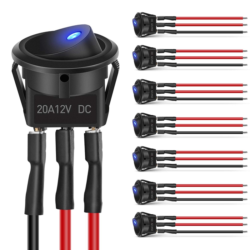 8PCS 12V 20A Round Blue Toggle LED Rocker Switch On-Off Control SPST 3Pins for 12V Car Truck Boat with 24PCS Wires: Default Title