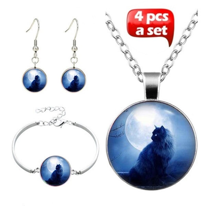 Moon Cat Cabochon collana con ciondolo in vetro bracciale orecchini con bracciale Set di gioielli totalmente 4 pezzi per la catena del maglione di moda femminile