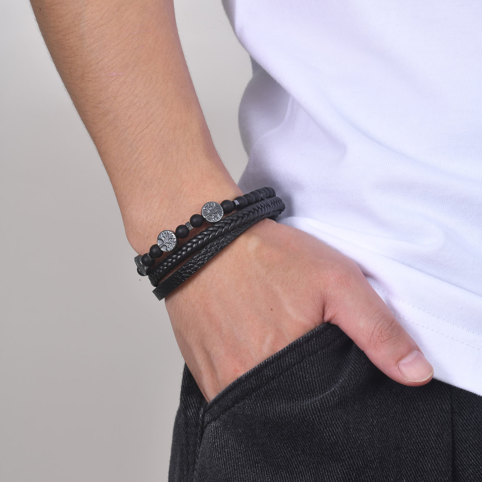Vnox Retro Tree Of Life Armbanden Voor Mannen Vader Vader Bff, Zwart Gevlochten Leren Touwketting Multi-Lagen Polsband Cadeau Sieraden