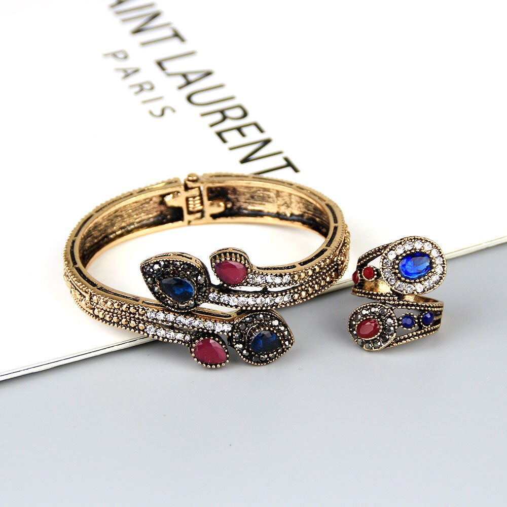 Z motywem tureckim w stylu klasyczny żywica bransoletka pierścień zestawy biżuterii kobiety antyczny złoty kolor bijoux indie kryształ ślub kwiatowy biżuteria etniczna prezent: FA1774u1388blue / 8