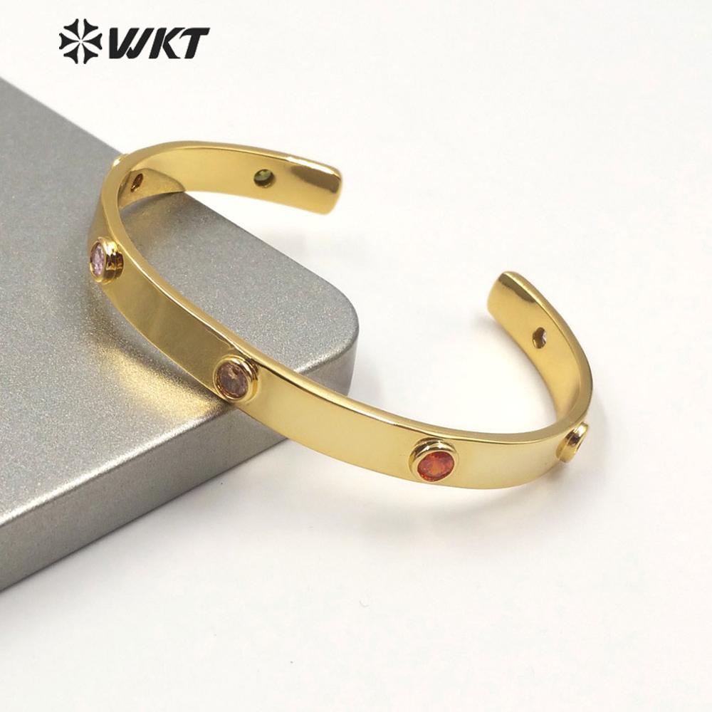 WKT Cuff Bracelet Women - Gold Color 7mm Wide - Round Cubic Zirconia - Engagement, Anniversary, Wedding, Party
