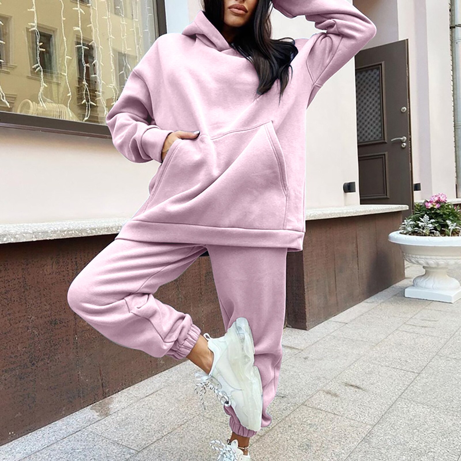 Autumn Winter Fleece Hoodies Two Piece Set Ladies Casual Sports Suit Hooded Pullover Solid Color Tracksuits Gym Clothing #3: S / Pink