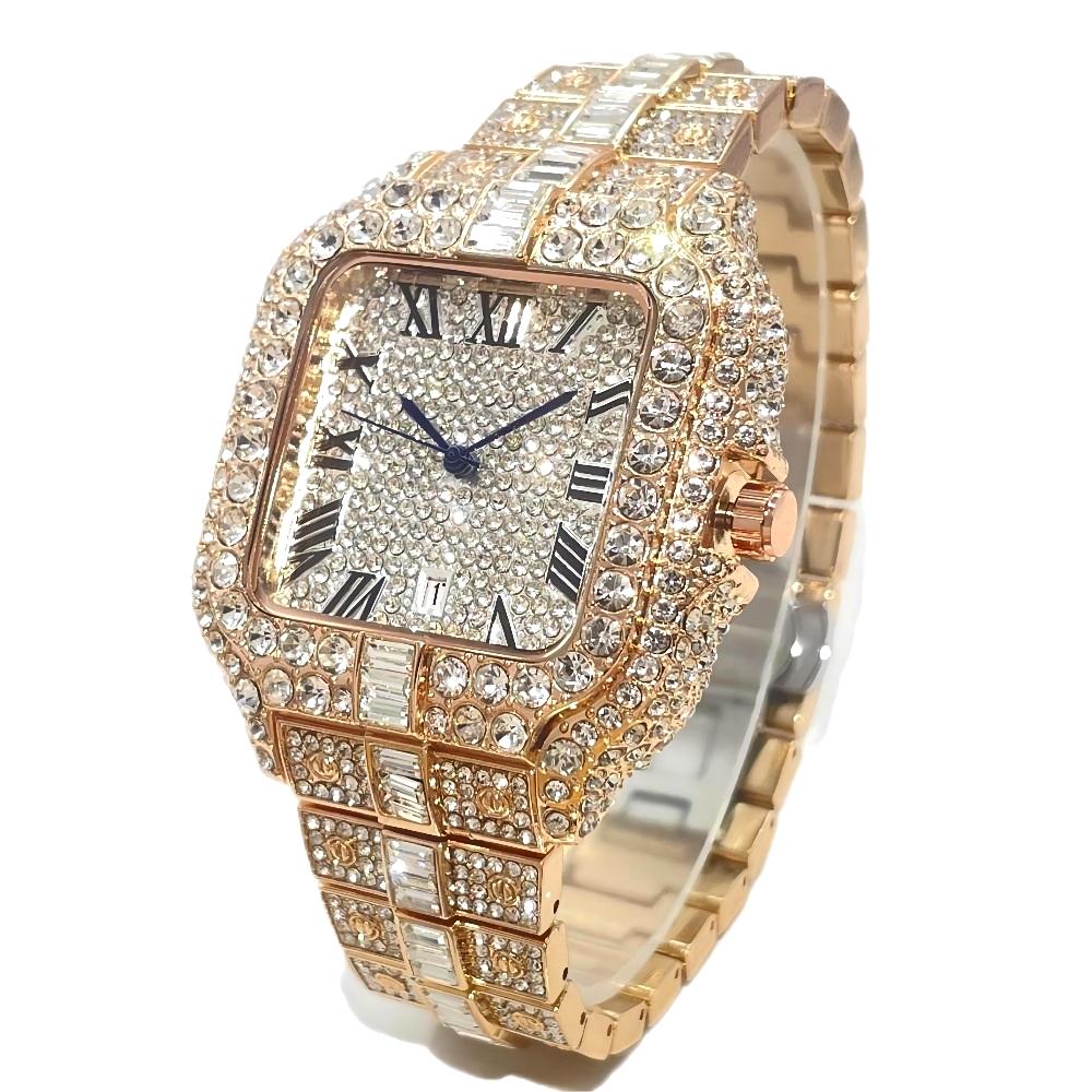 Luksuriøst guldur til mænd i rustfrit stål quartz armbåndsur herre hiphop iced diamant firkantet ur reloj hombre: Kaffe