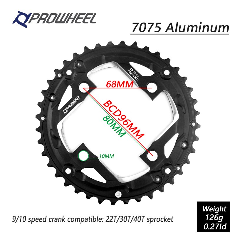 PROWHEEL Round Chainring 64/96/104BCD Mountain Bike Chainwheel 22/24/30/32/40/42/44T Crankset steel al Alloy Tooth plate Parts: 10S 40T 96BCD 7075AL