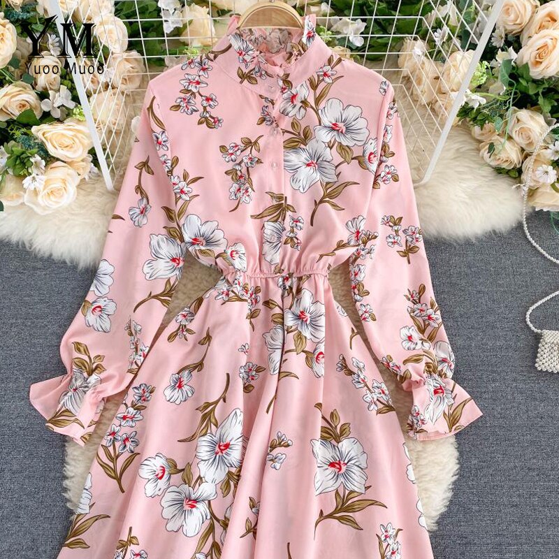 Yuoomuoo kvinder retro blomstret kjole stander krave slank lang vestidos forår efterår chiffon langærmet kjole femme