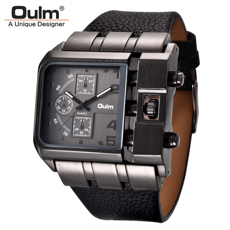 Oulm 3364 Big Size Watches Men Luxury Brand Sport Male Quartz Watch PU Leather Unique Men's Wristwatch relogio masculino: Black