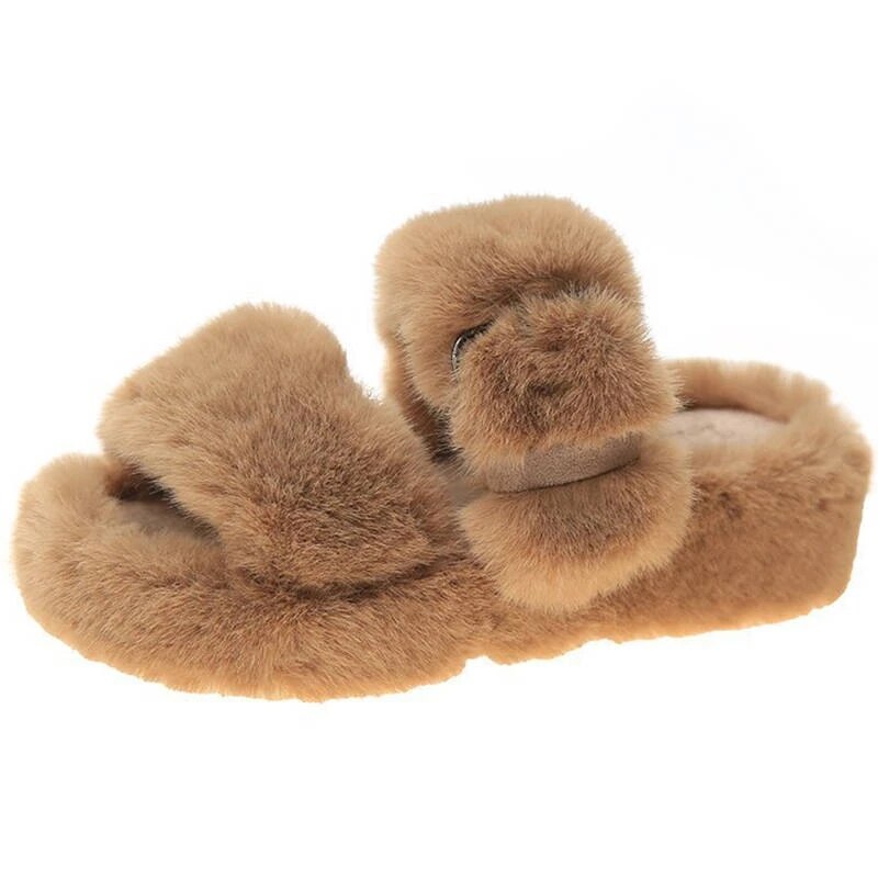 Women Fur Slippers Winter Platform Wedge Heel Indoor Non Slip Rubber Sole Slides Buckle Decoration Comfortable Shoes: Khaki / 37