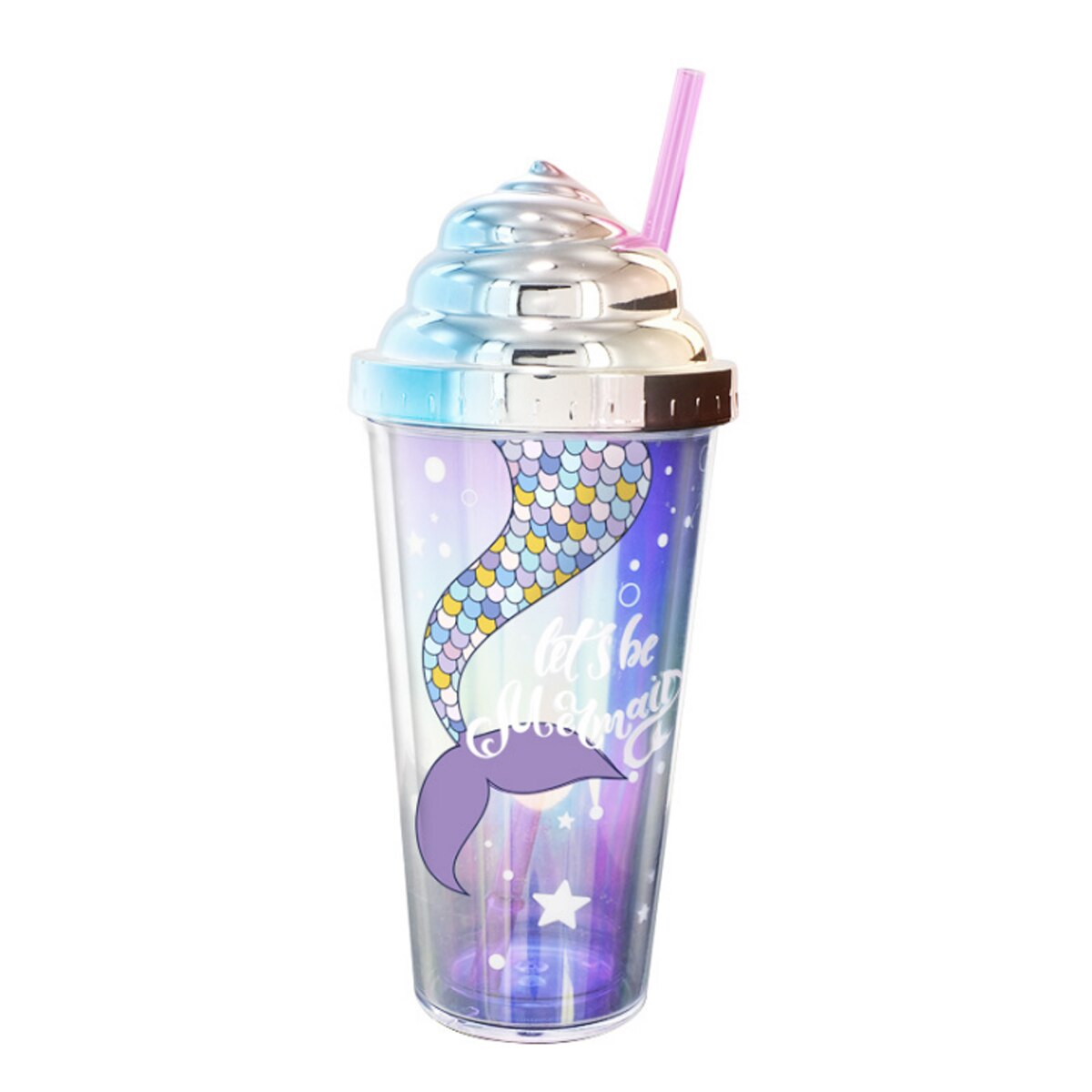 Summer Straw Cup with Sealing Cover, Double-Layer Reusable Tumbler Cup with Mermaid Patterns, BPA Free Arrivals: A
