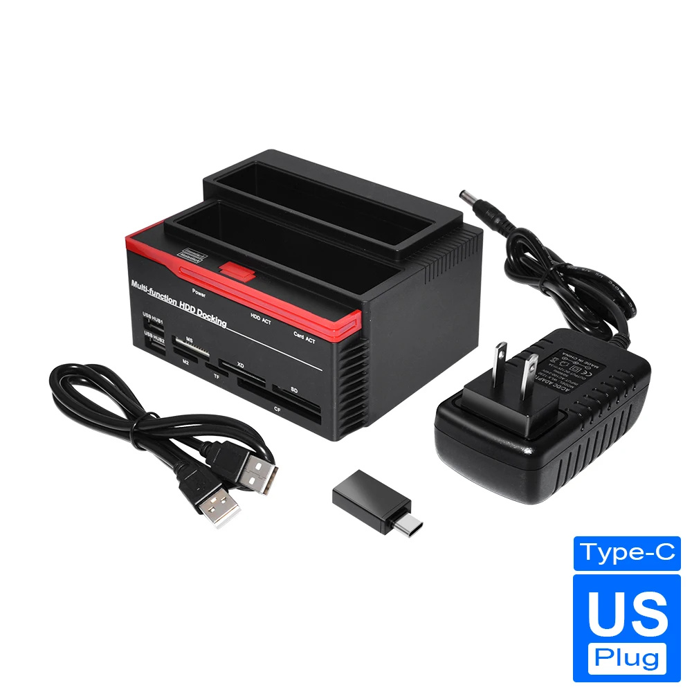 2.5/3.5" SATA IDE HDD Docking Station Clone HDD Enclosure USB 2 Ports USB 2.0 Type C Hub MS/M2/XD/CF/SD/TF Card Reader: black