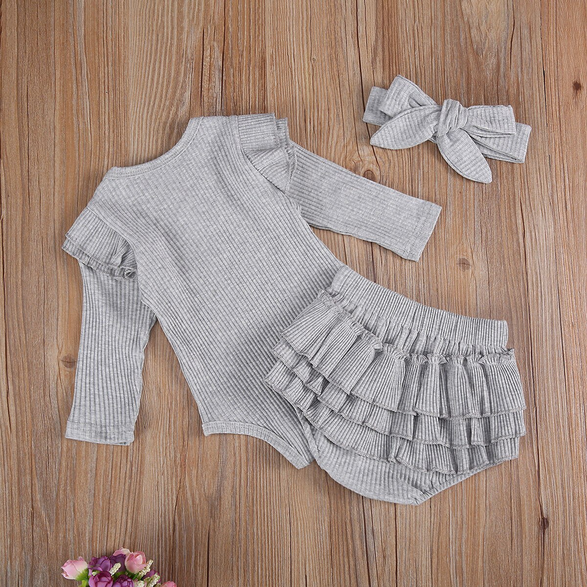 Cathery newborn kledingpak peuter babymeisje effen kleur gerimpelde vliegende mouw romper shirt + broek + strik hoofdband 3 stuks