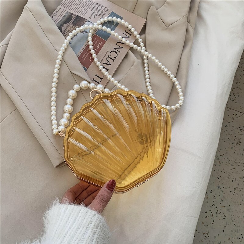 Acrylic Tote Transparent Shell bag PVC Women's Handbag Pearl strap Shoulder Messenger Bag: Yellow