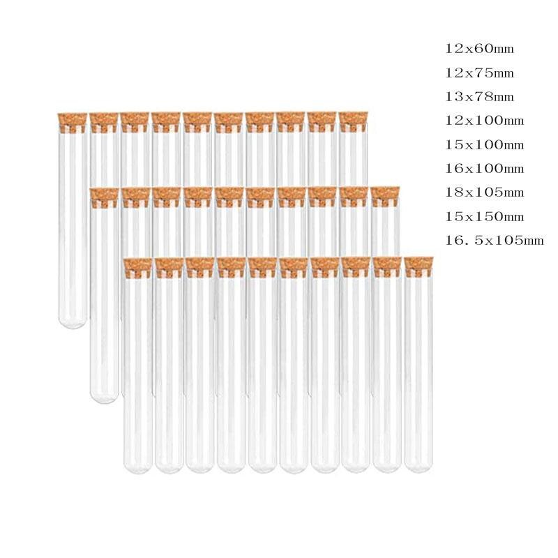 Tubo de ensayo de plástico transparente, accesorio con tapón de corcho, Fondo en forma de U, ideal para laboratorio o recuerdos de boda, especias, 20 piezas