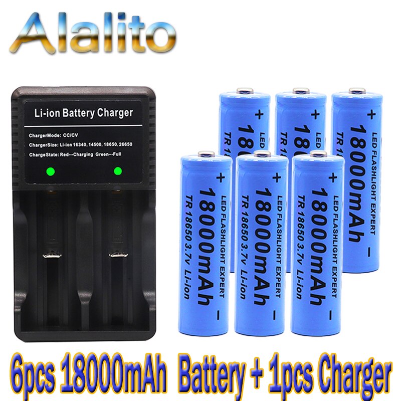 100% Original 3.7v 18000mah 18650 Lithium Rechargeable Battery For battery pack power tool Flashlight batteries+charger: Blue