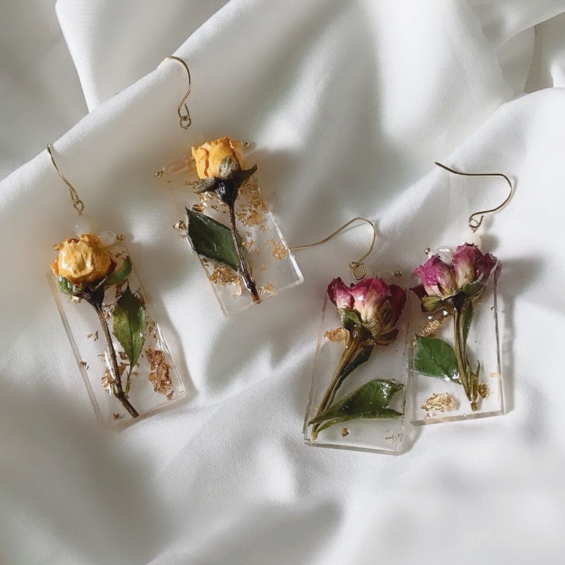 AOMU, pendientes de rosas naturales barrocas dulces, pendientes largos de perlas de hoja de oro Vintage, pendientes de flor eterna epoxi para de chica y mujer