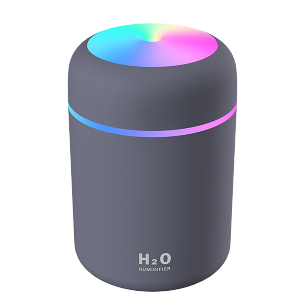 Humidificador de niebla de coche USB 300ml Mini purificador de aire 7 colores LED luz de noche ambientador ajustable portátil para el escritorio del hogar del coche: gray