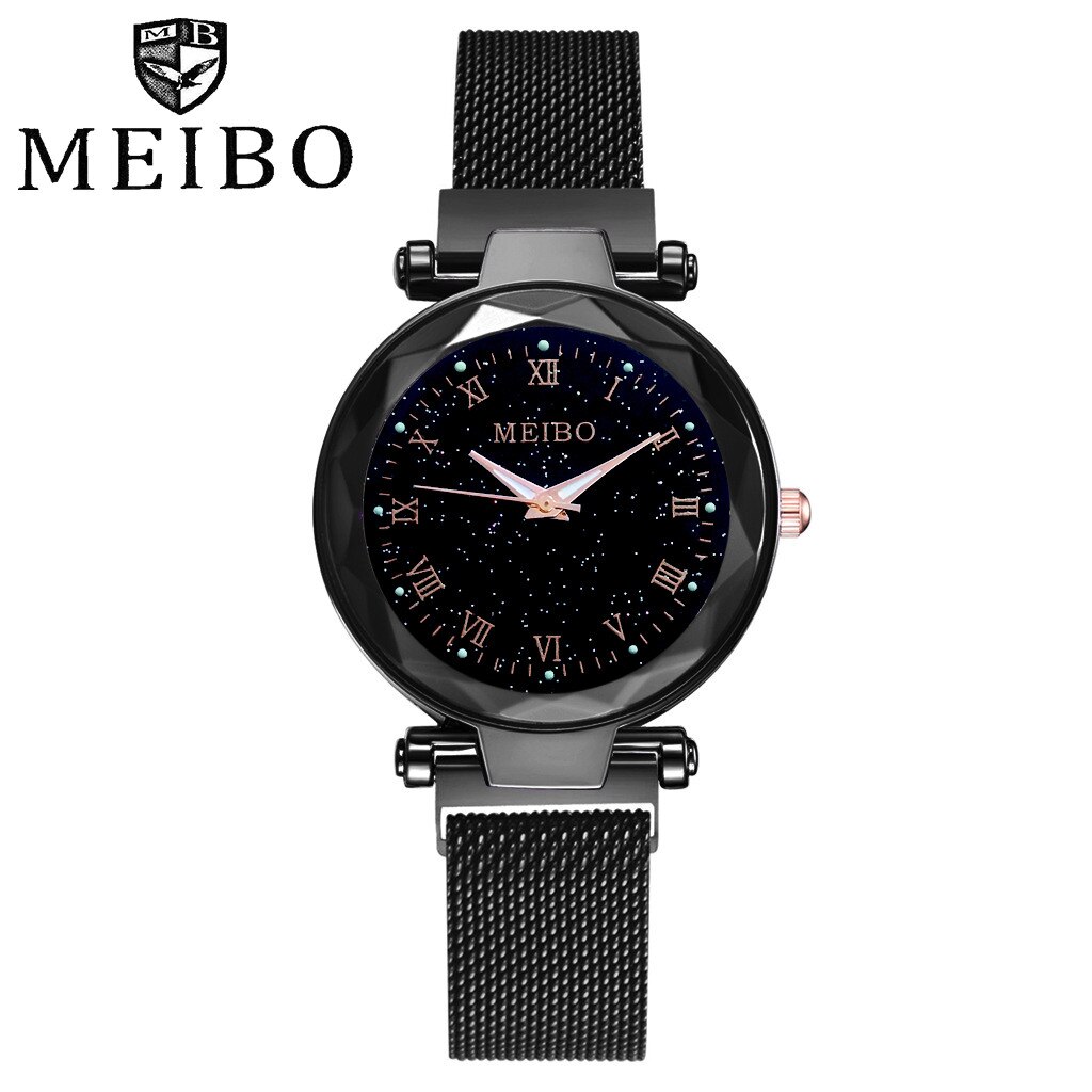 Luxe Horloges Vrouwen Sterrenhemel Platte Glas Zegarek Quartz Horloge Klok Mujer Mesh Met Magnetische Gesp Dames Horloge: Black