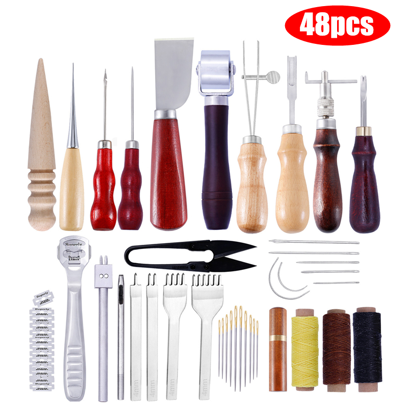 Leather Craft Tools Kit Home Hand Sewing Stitching Punch Carving Work Saddle Leathercraft Accessories: 48 Pcs-1