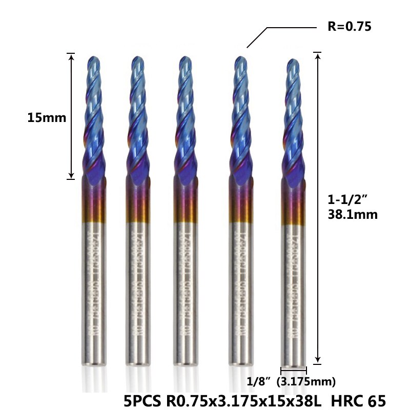 Xcan konisk kuglenæse endefræser 1/8 '' (3.175mm)  skaft supercoated hårdmetal fræser 5 stk sæt træ metal graveringsbit: R0.75 hrc 65