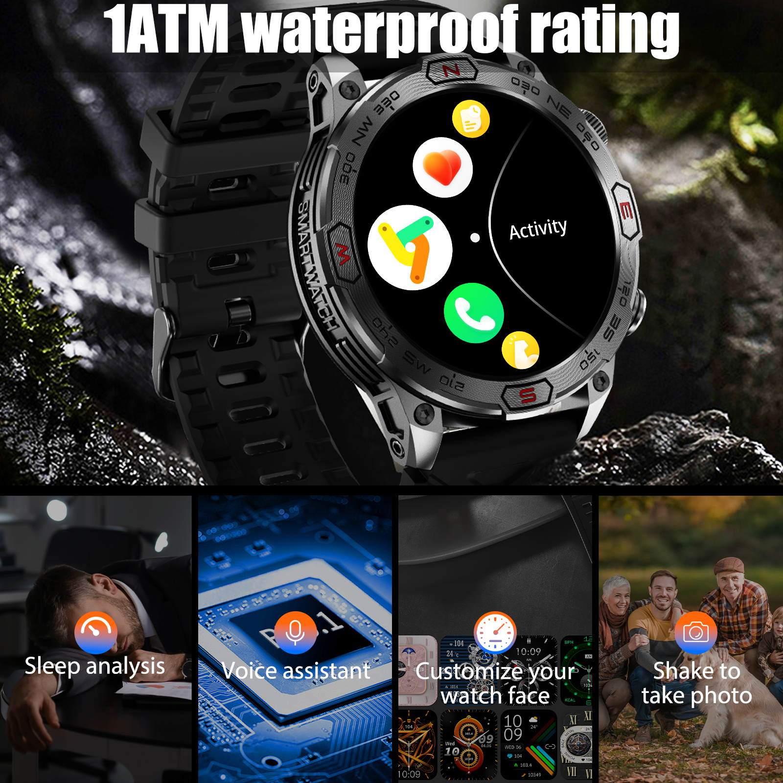 EIGIIS sprytny zegarek KC86 1.43 "ekran AMOLED 1ATM wodoodporny zegarek sportowy dla mężczyzn z kompasem wysokości barometr doprowadziło latarka doprowadziło