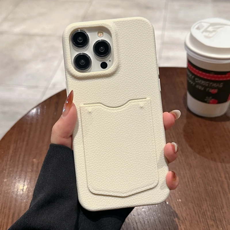 Leather Pattern Card Bag Slot Holder Wallet Case For iphone 13 14 15 16 Pro Max 15 14 Pro Shockproof Soft Silicone Cover: for iphone13 Pro(6.1") / WHITE