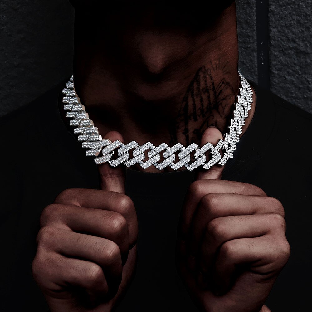 Collier Long glacé pour hommes, Hip Hop, strass or et argent de 19mm, chaîne cubaine, Rap à paillettes, exquis
