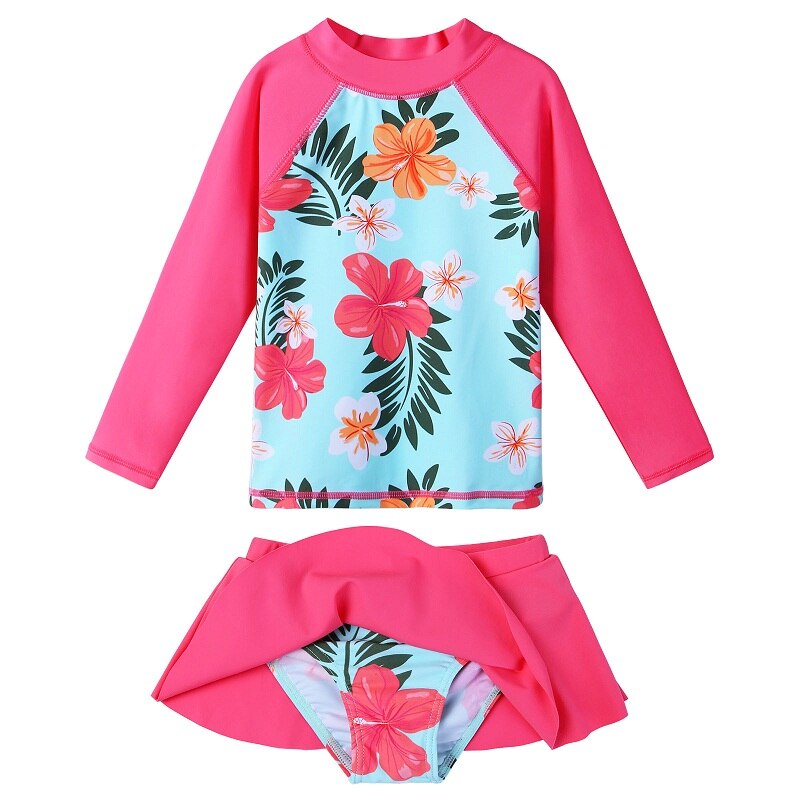 BAOHULU Designs Girls Swimsuit Two Pieces Set Long Sleeve with Skirt UPF 50+ UV Protection Sunblock Bathing Suit: S321 CyanFlower / 3-4 years