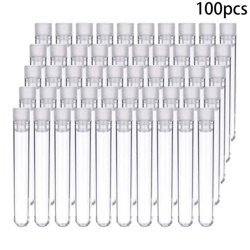 100Pcs Clear Plastic Test Tubes with White Screw Caps Sample Containers Bottles Push Caps 12X75mm