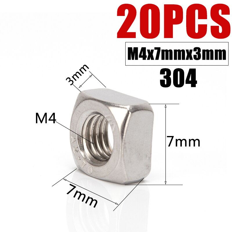 M3 M4 M5 M6 M8 M10 M12 Square Nut 304 Stainless Steel Metric Threaded Square Nuts Foursquare Quadrate Nut: SF4x7x3x20
