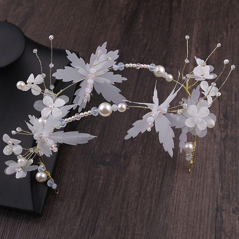 GETNOIVAS Wedding Dress Headband Venetian Pearl Cloth Art Butterfly Headdress White Fairy Headpeice Earrings Set Jewelry Set SL