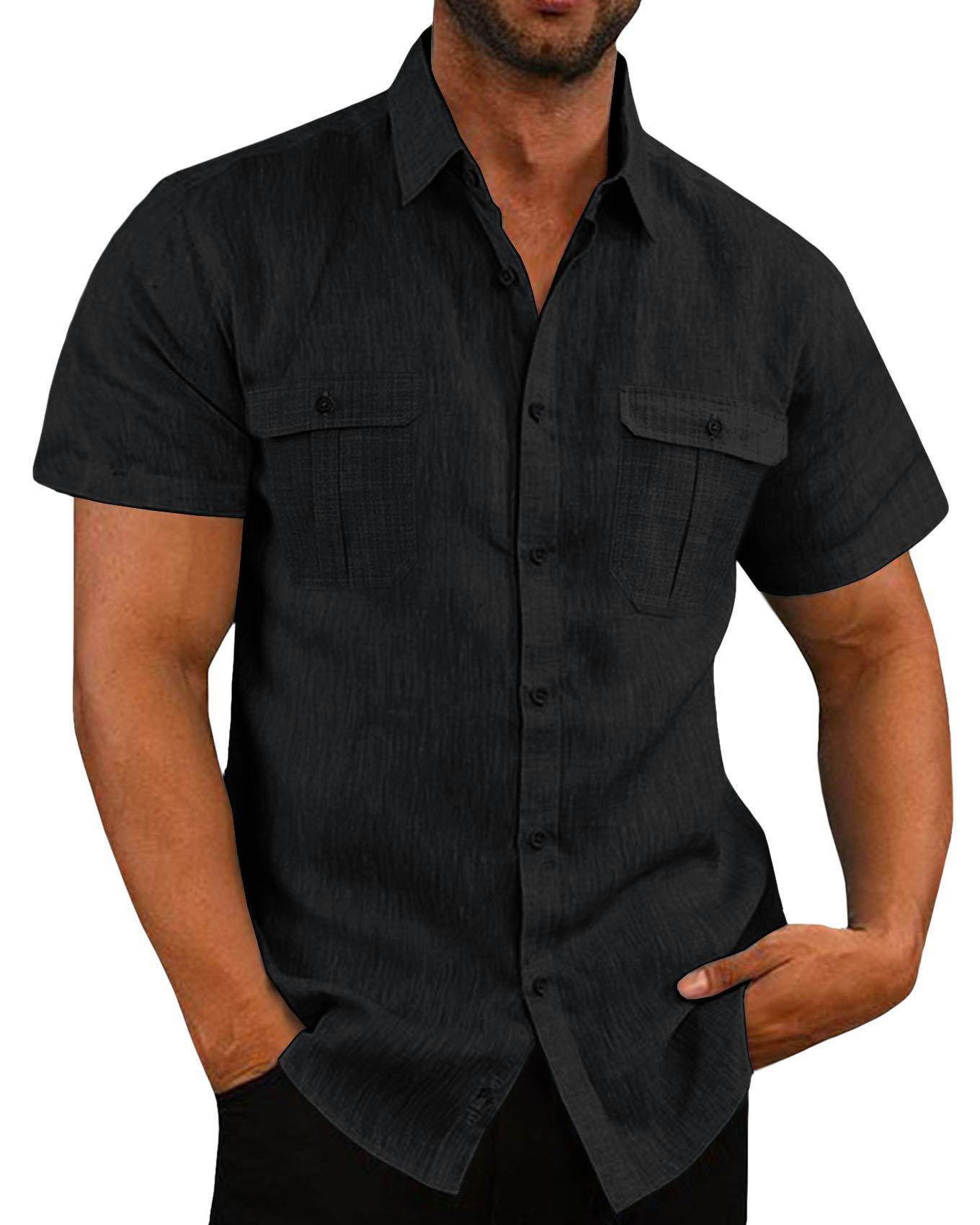 Bomull linne herr kortärmade skjortor sommar enfärgade ståkrage avslappnad strandstil plus size herrskjortor m -5xl: L / Svart