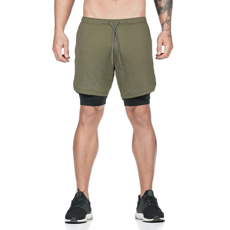 Men's Casual 2 in 1 Running Shorts Quick-Drying Sports Pants Gym Bodybuilding Built-in Pocket Shorts Green XL