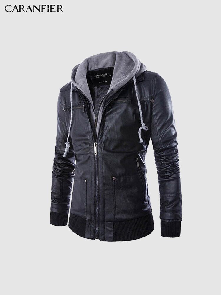 Caranter-chaquetas de cuero con capucha para hombre, abrigos informales de PU para motocicleta, ajustados, de manga larga, con cremallera, color negro