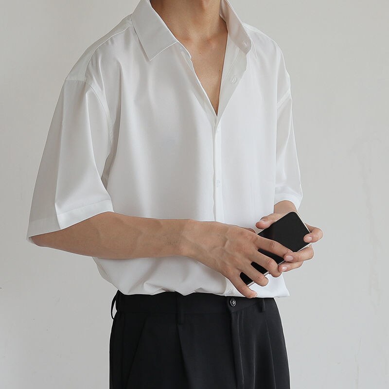 Sommer Kurzarm Hemden Männer Dünne Luxus verlieren halb-ärmeln Koreanische lässig Alle-spiel Dunkle Grün Harajuku Shirt Geschäft Formale: Weiß / XXL