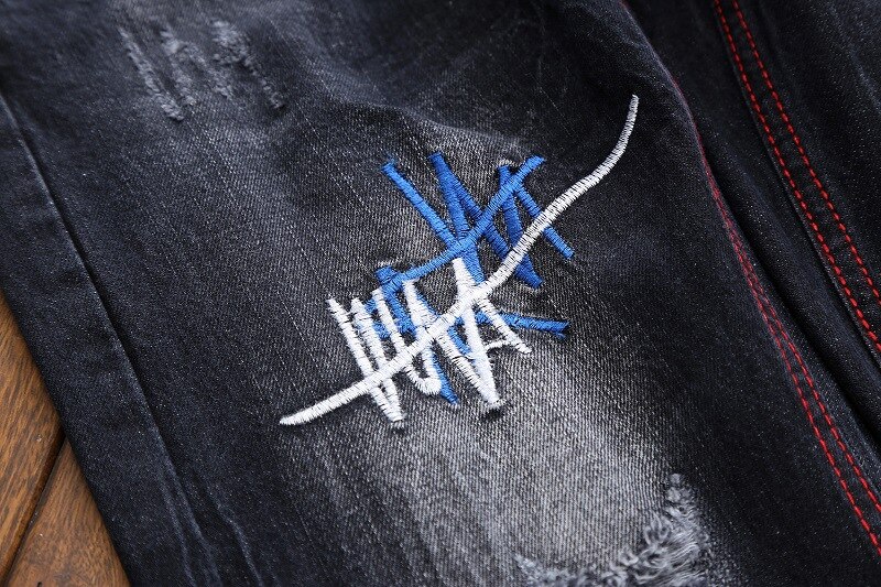Mænd afslappet broderi rippet motorcykel slim fit bukser til mænd straight denim jeans mænd