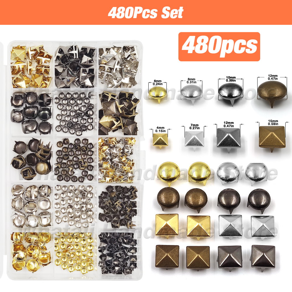 Moule en forme de dôme rond, Rivets, pointes, Kits de têtes de clous avec presse à main, Machine pour chaussures, sacs et vêtements, maroquinerie, 6/8/10/12mm: 480Pcs Set Mix Color