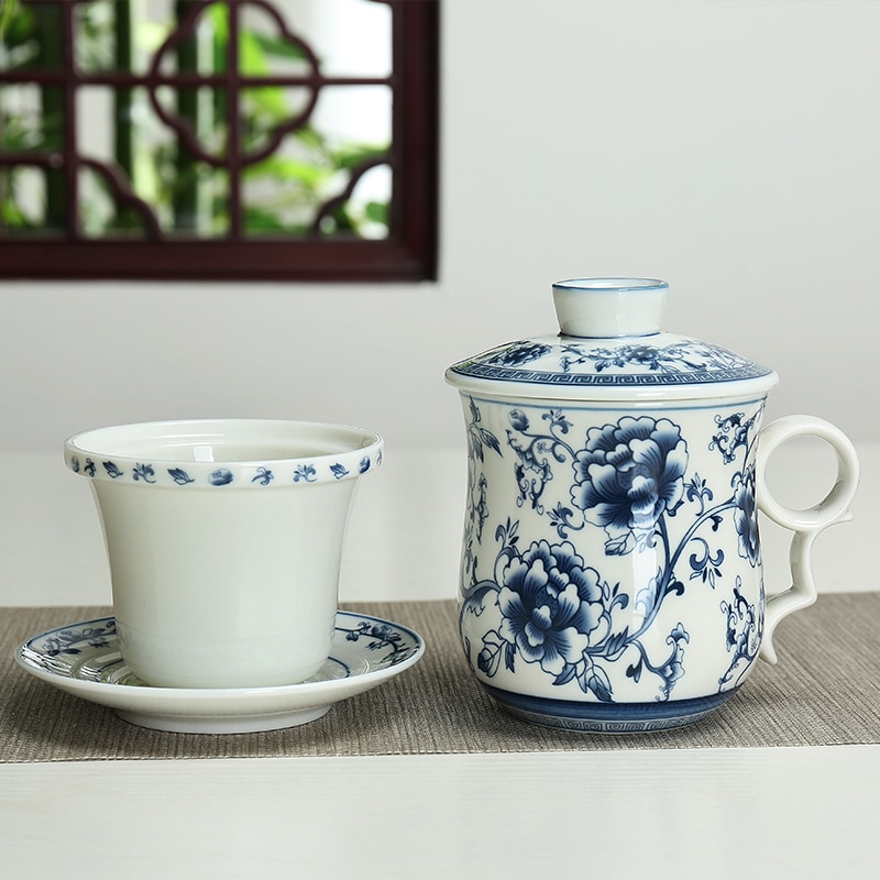 Chinese traditionele kopjes Thee cup met deksel Schotel blauw en wit porselein Theekopje Aardewerk Keramische koffie mok thee set