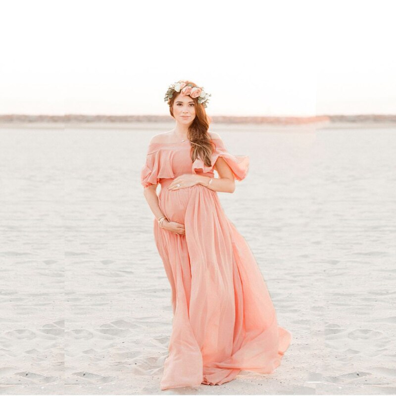 Sexy Off Shoulder Strapless Maternity Dresses Women Pink Chiffon Gown Pregnancy Dress Boho Pink Maxi Long Photo Shoot Dress: S