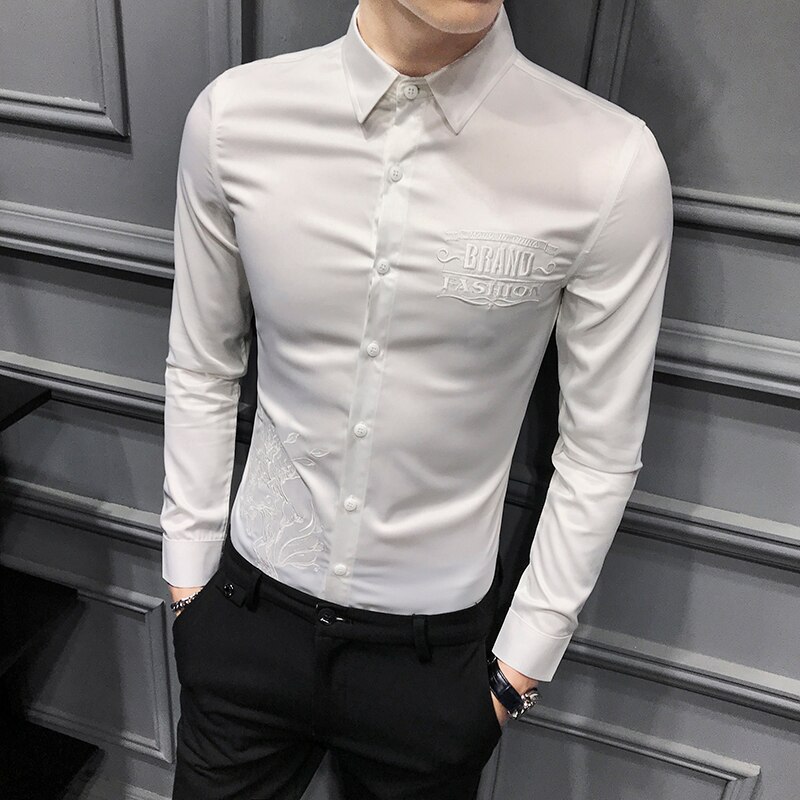 Forårs herreskjorte langærmet kjole skjorte broderi afslappet slim fit streetwear prom fest social smoking skjorte arbejdstøj: Hvid / Koreansk  xl 60-65kg