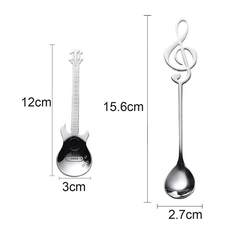 Cucharas de café para guitarra, paquete de 6 cucharas creativas y bonitas de acero inoxidable con forma de notación Musical (3 + 3 notas musicales guitarras)