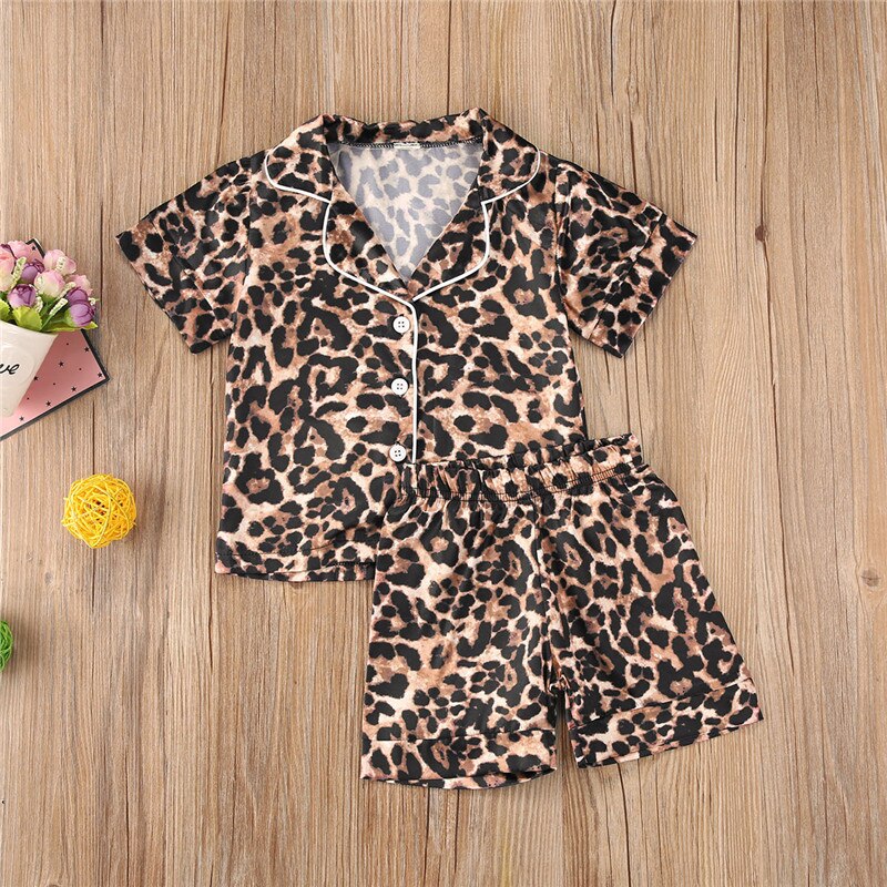 6m-6y små piger dreng kid 2 stk pyjamas sæt leopard kort/langærmet button-down krave skjorte top korte/lange bukser nattøj sæt