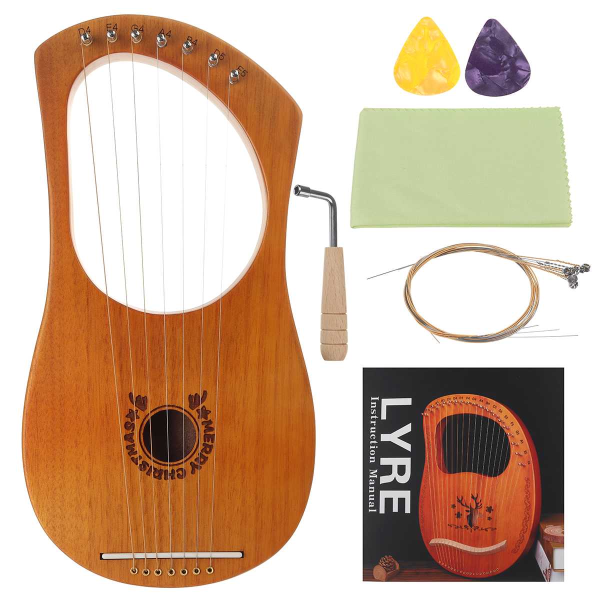 Træ mahogni 7 -strenget lyre harpe strenge musikinstrument med pickup tuning hammer rengøringsklud harpe instrument: Gevir lysebrun