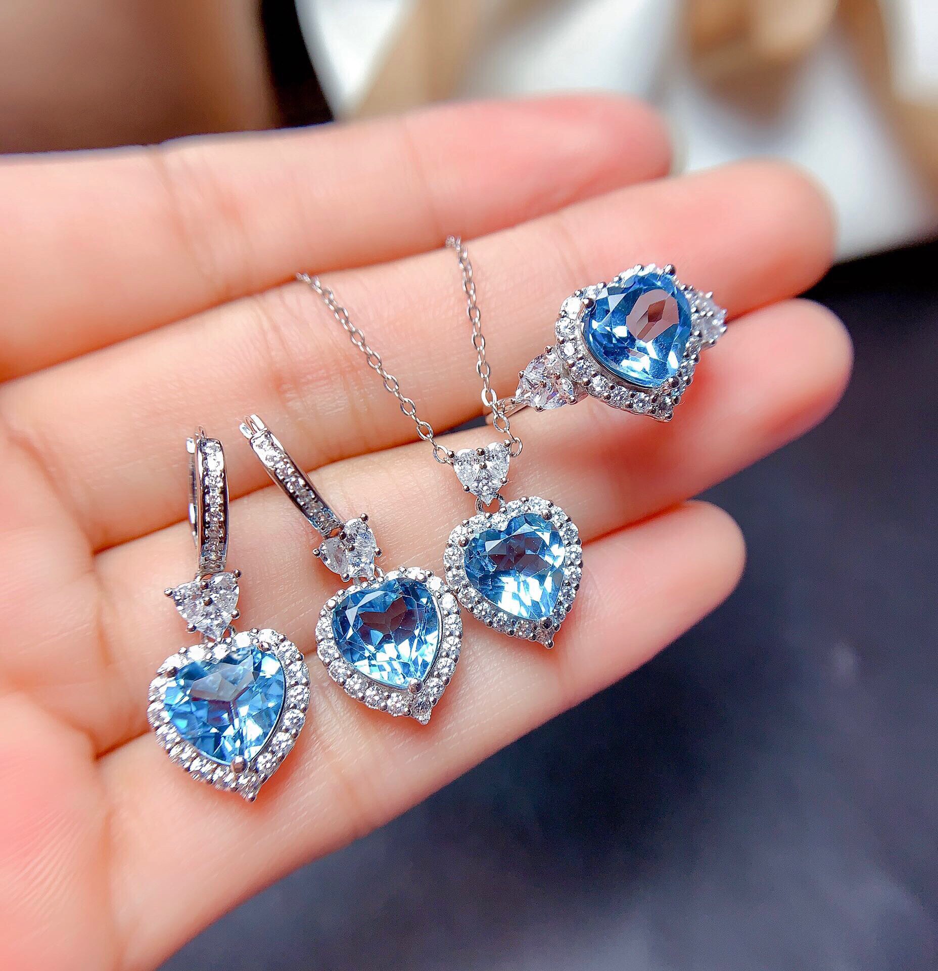 Qtt Stunning Heart Blue Zirconia Sieraden Set Zilver Kleur Ketting Ring Oorbellen Sets Delicate Bruiloft Sieraden Set: Blue-1Set