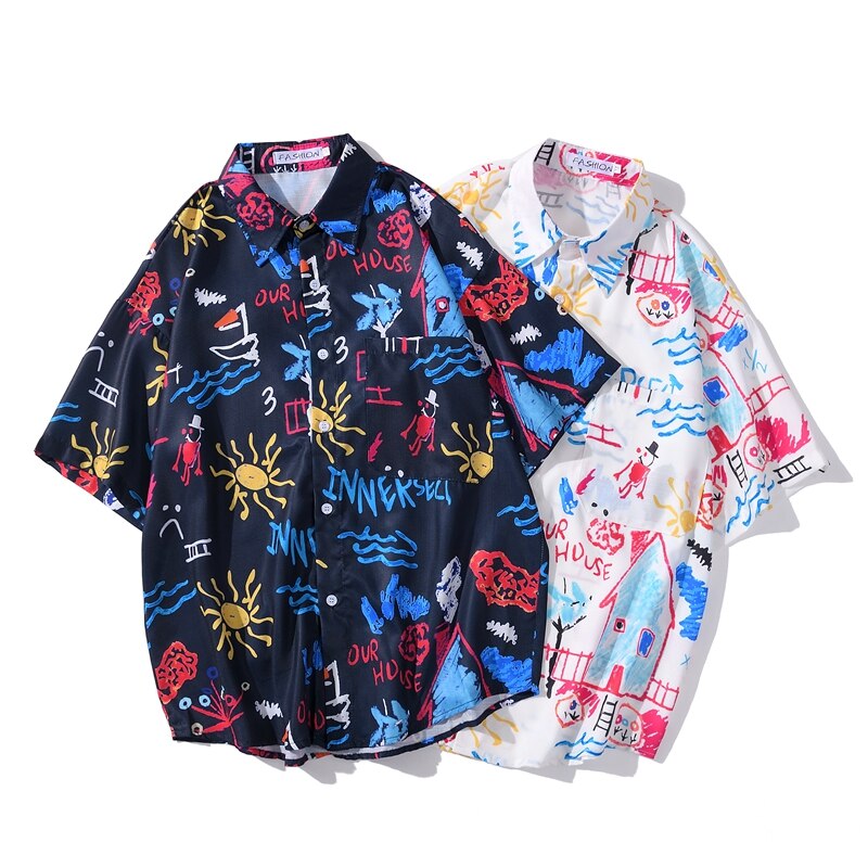 Chemise d'été élément chinois imprimé de plage homme, Graffiti, chemise hawaïenne pour homme et femme, chemise noire et blanche, décontracté