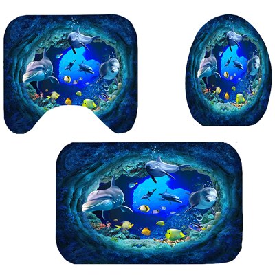 3 pièces/ensemble salle de bain rideau de bain ensembles rideau de douche tortue de mer impression Durable imperméable tapis de couverture de toilette tapis antidérapant: 3pcs Mat Set B