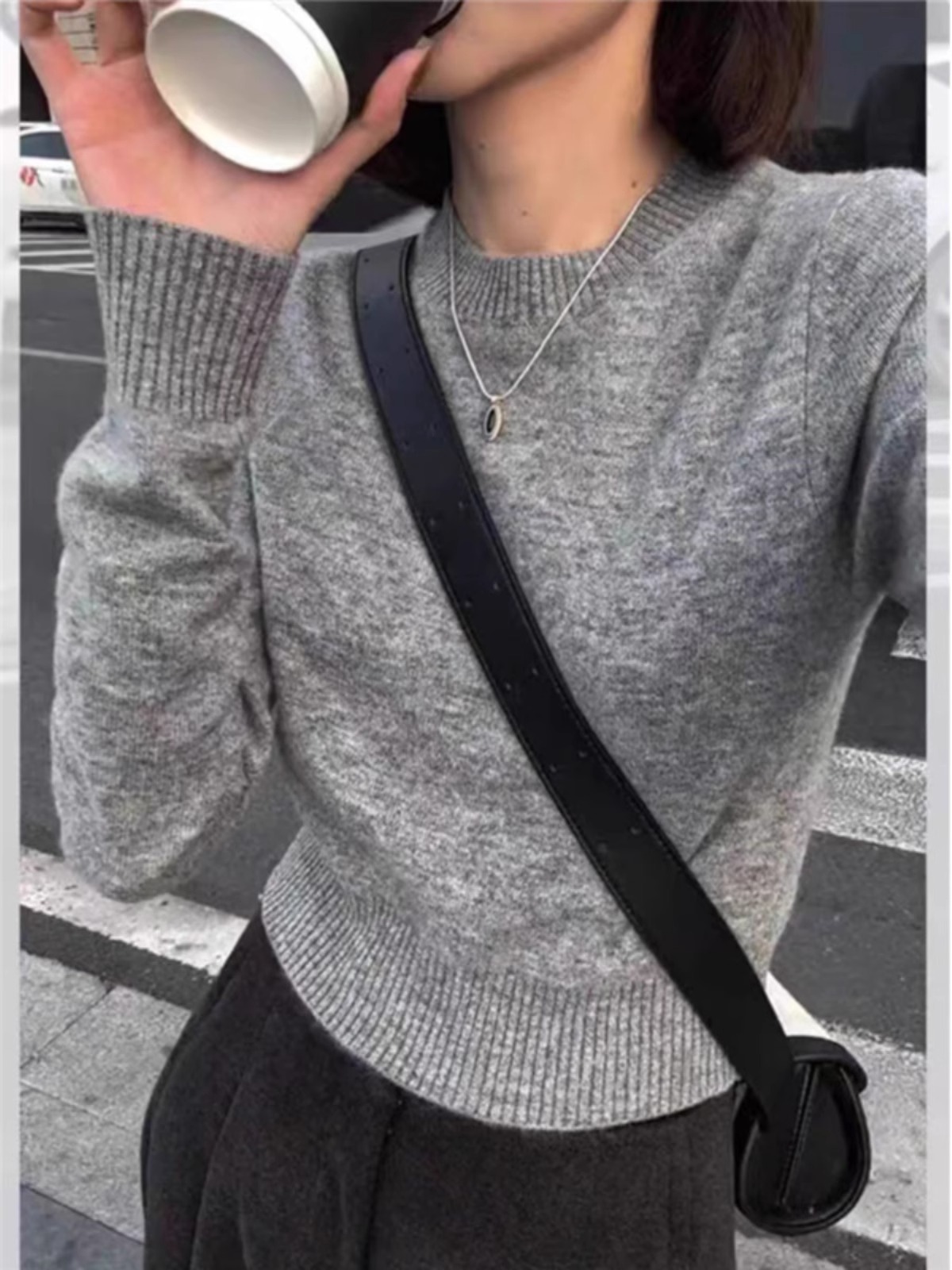 Camisola pequena de caxemira gola redonda para mulheres, estilo francês, camisa base curta solta simples, lã pura, primavera e outono