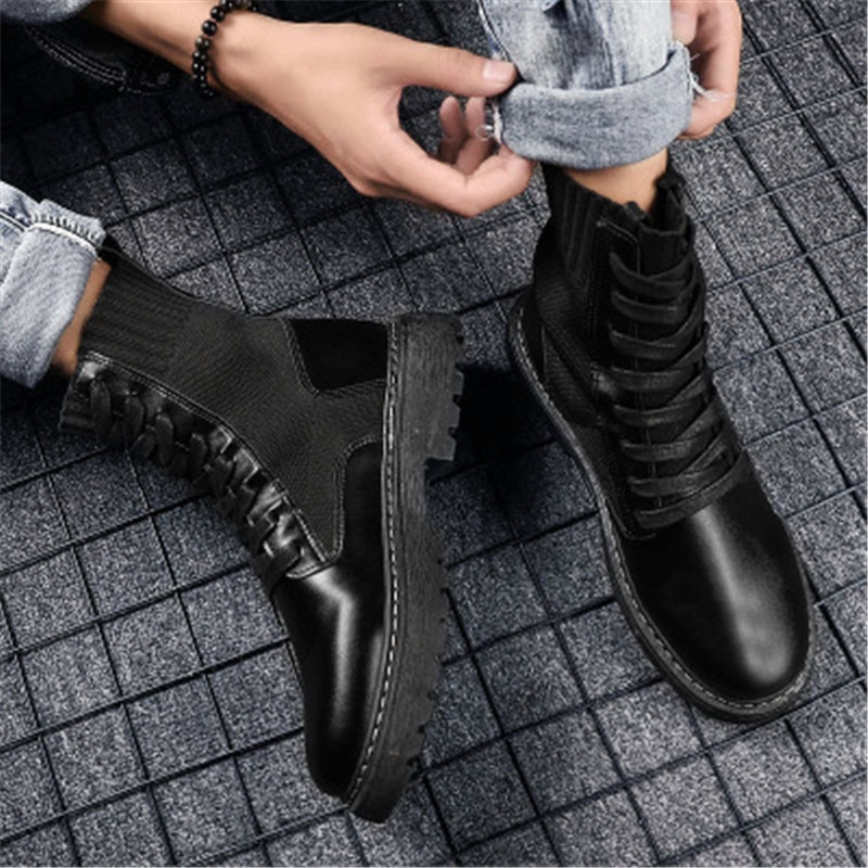 Botas de cuero Punk para hombre, botines con plataforma para motocicleta, para invierno, color negro